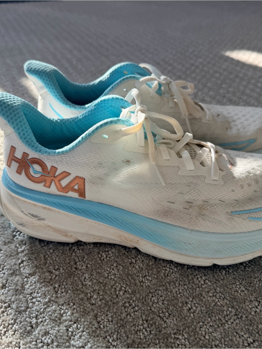 Hoka Clifton 9 Women's White & Aqua Running Sneakers with Copper Logo